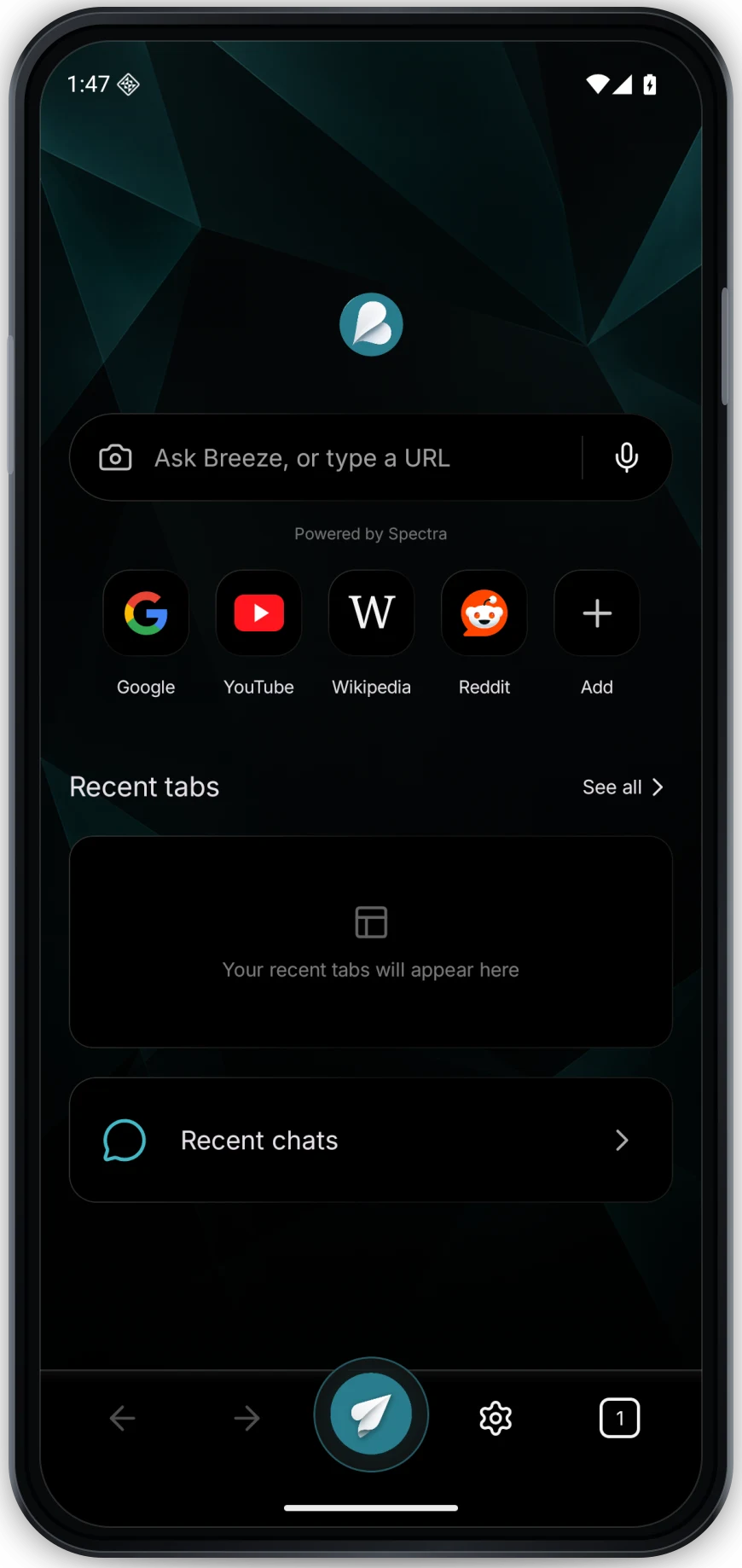 Breeze Android new tab screen shown in a Pixel-style phone frame